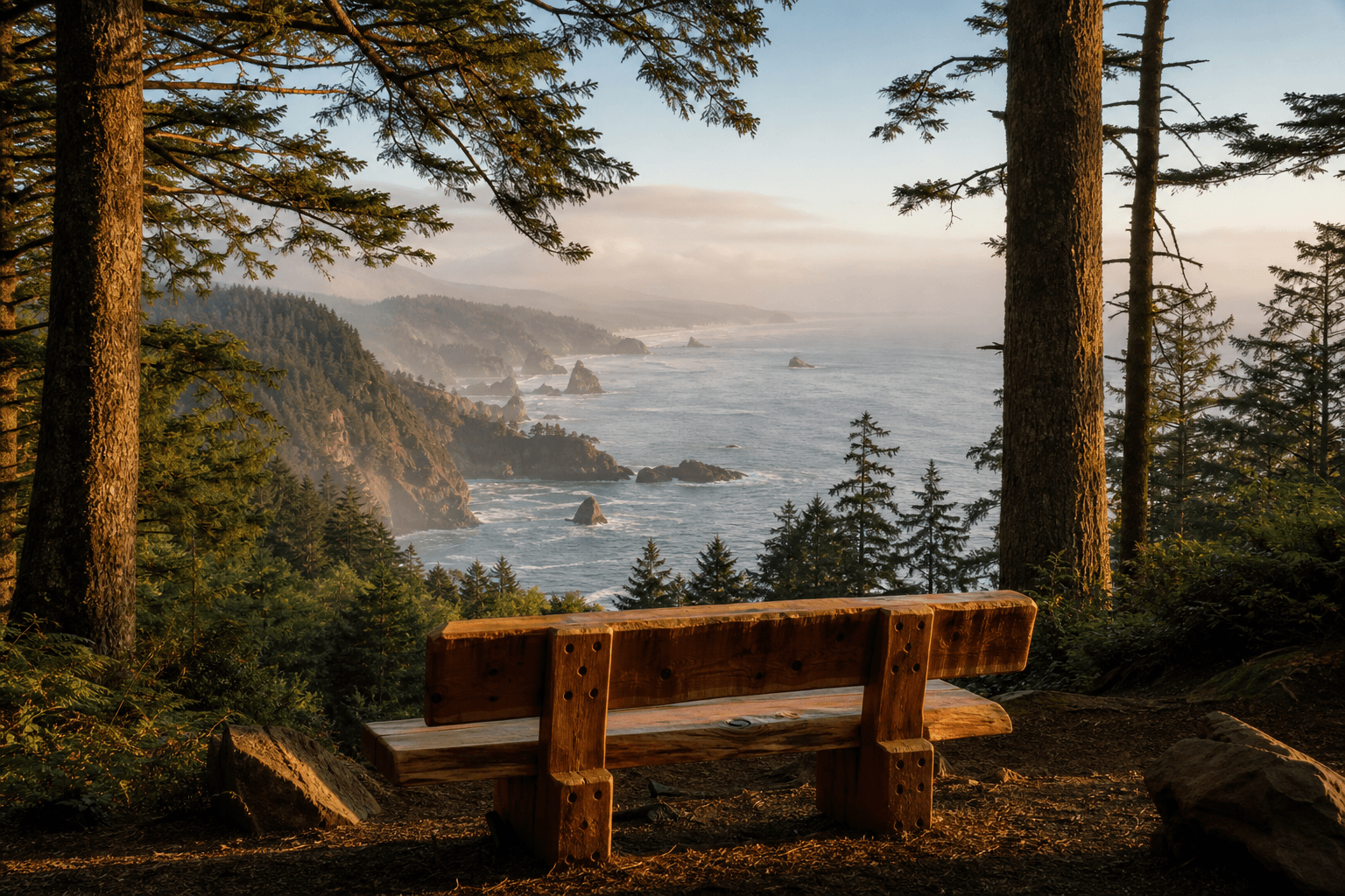 Handcrafted timber bench overlooking a forested Pacific coastline at morning light